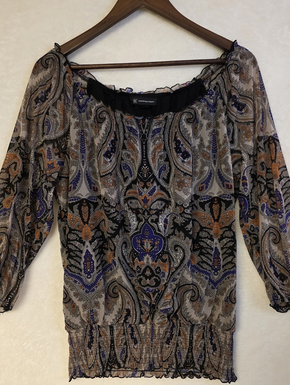 INC Ruffle Scoop Neck Black Paisley Peasant Blouse with Blue and Tan Details L.